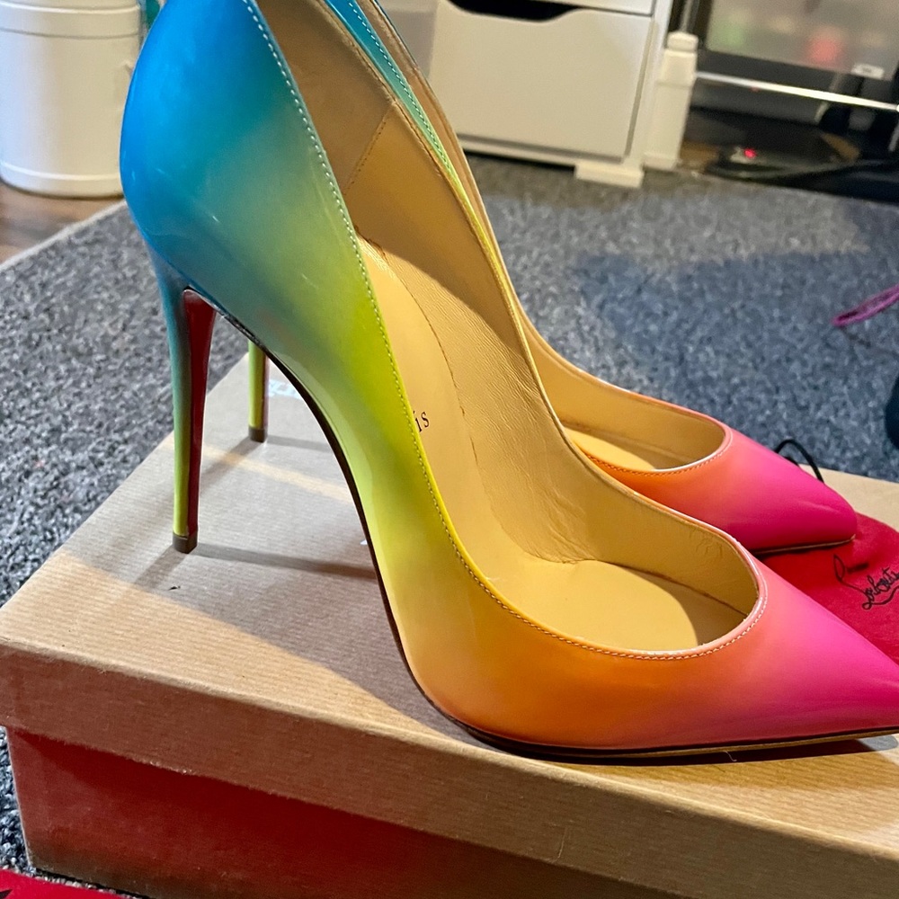 Christian Louboutin Rainbow Ombre Patent Pumps — Blue to Pink Gradient